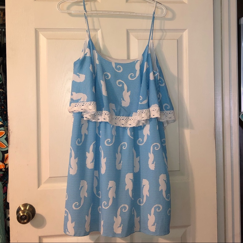 Beautiful seahorse blue and white beach sun dress